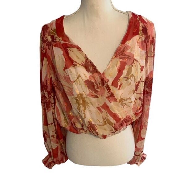 Flying Tomato  Pink Gold Metallic Floral Balloon Sleeve Top - Picture 1 of 4